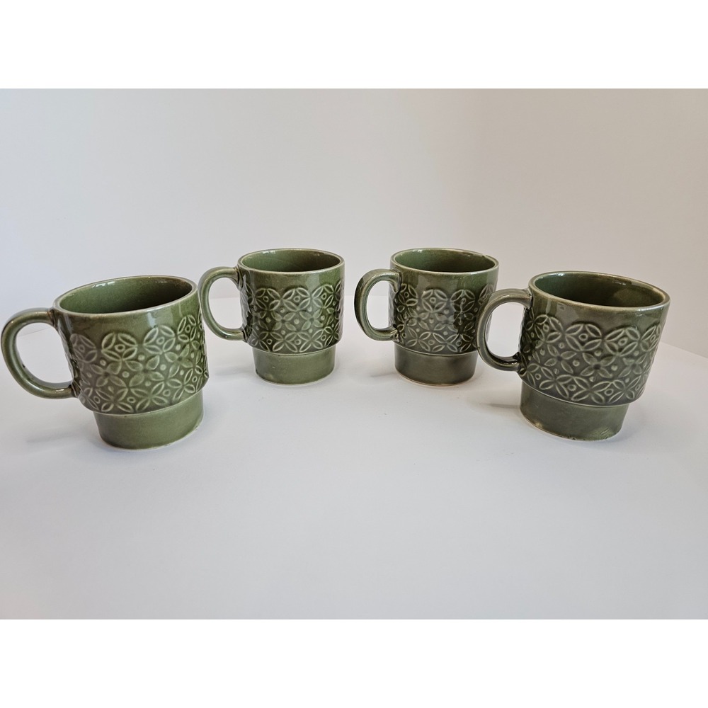 Vintage Avocado Green Mug Set of Four with Hanging Wall Rack 1970's Japan NIB - Picture 2 of 14